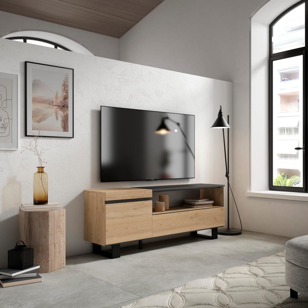 Skraut home TV-Möbel Holzeffekt mit Beinen 150x35x57cm Eiche und Schwarz style modern Beige Spanplatte