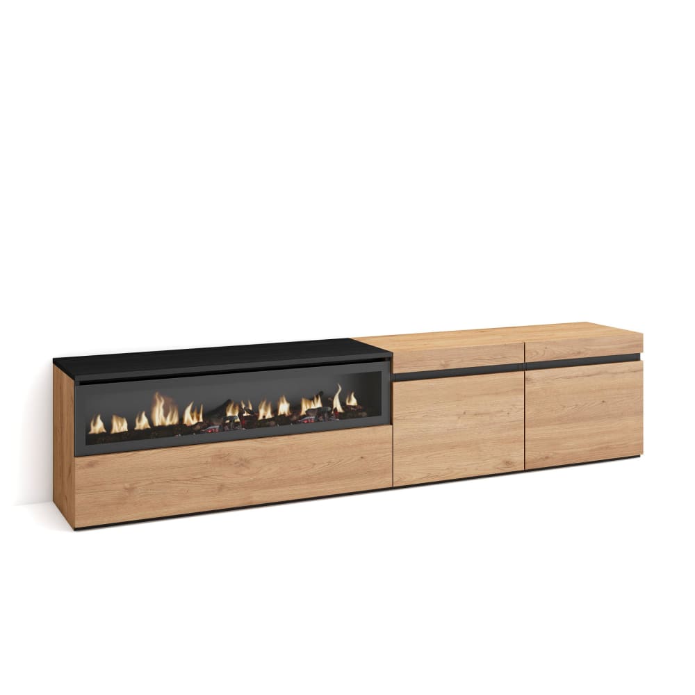 Meuble tv effet bois de chêne et noir 200x35x45cm cheminée effet feu