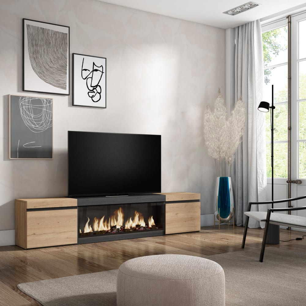 Meuble tv effet bois de chêne et noir 208x35x45 cheminée effet feu XXL