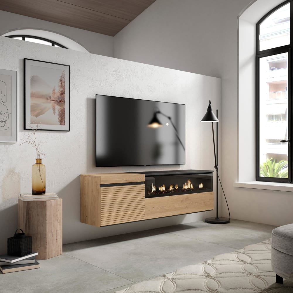 Meuble tv effet bois de chêne 150x35x45cm cheminée effet feu