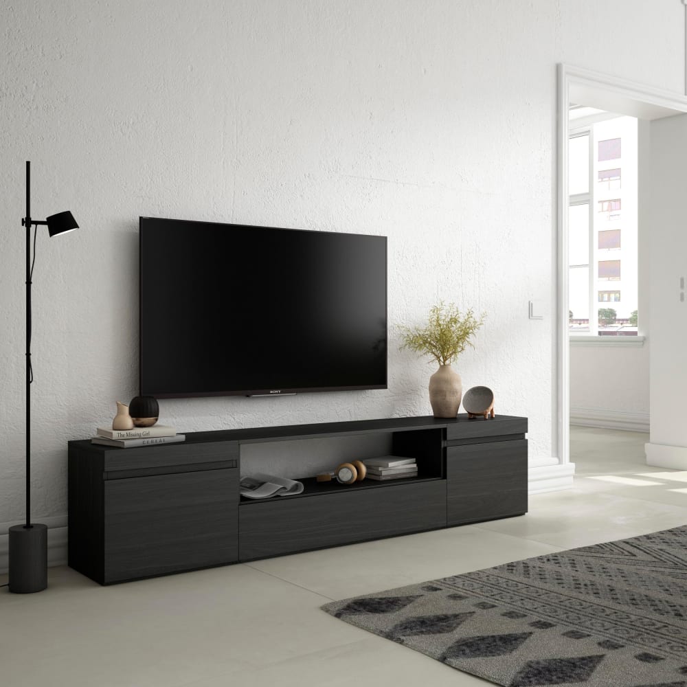 mueble tv efecto madera negro 200x35x45cm