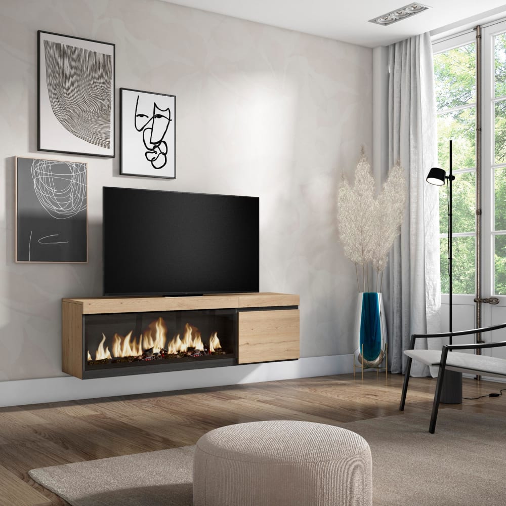Meuble tv effet bois de chêne 158x35x45cm cheminée effet feu XXL