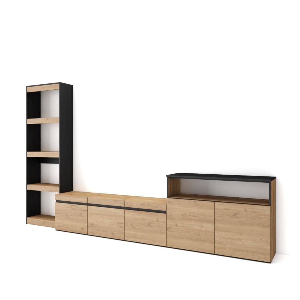 Wohnwand Holzeffekt 310x35x186cm Eiche und Schwarz - Maisons Du