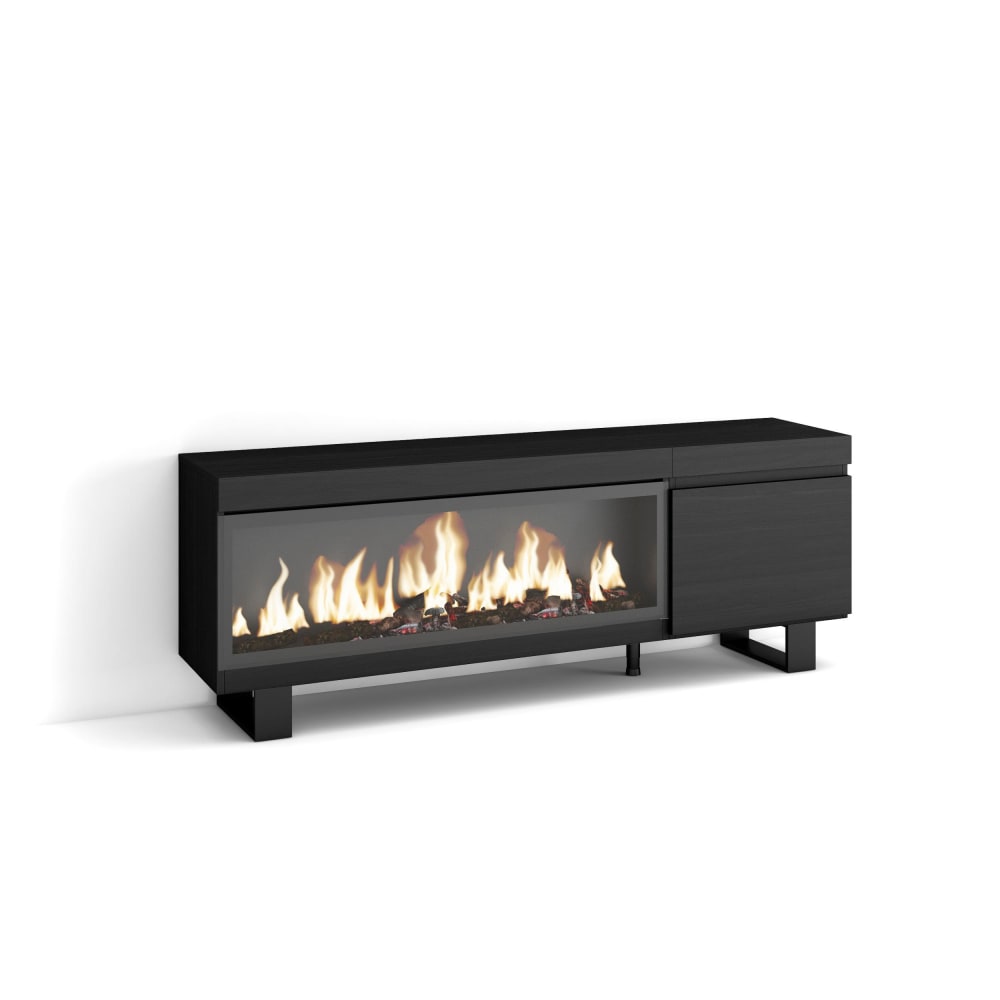 Meuble tv effet bois noir 158x35x57cm cheminée effet feu XXL