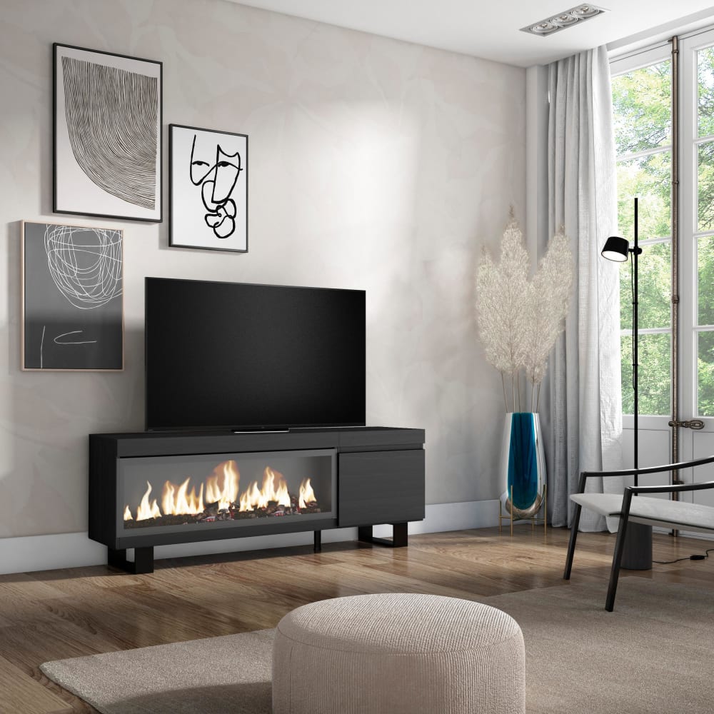 Meuble tv effet bois noir 158x35x57cm cheminée effet feu XXL