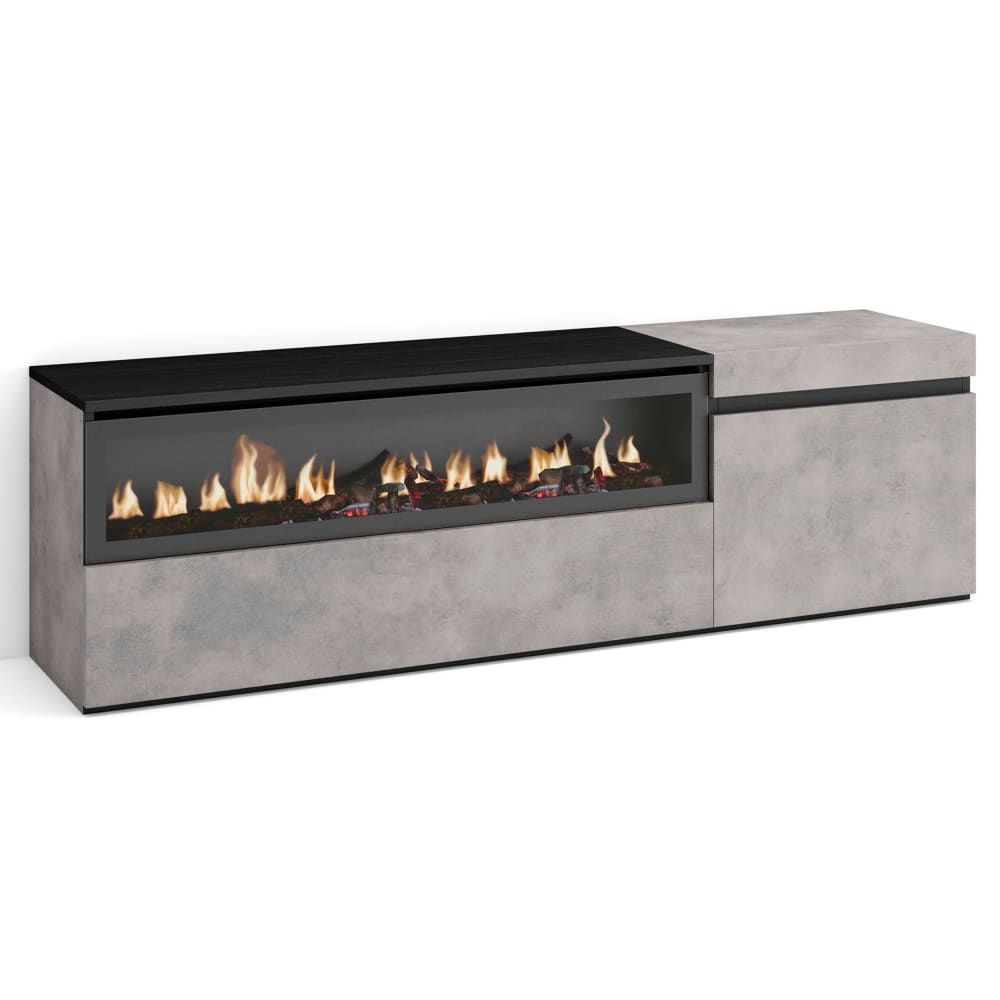 Meuble tv effet bois ciment 150x35x45cm cheminée effet feu