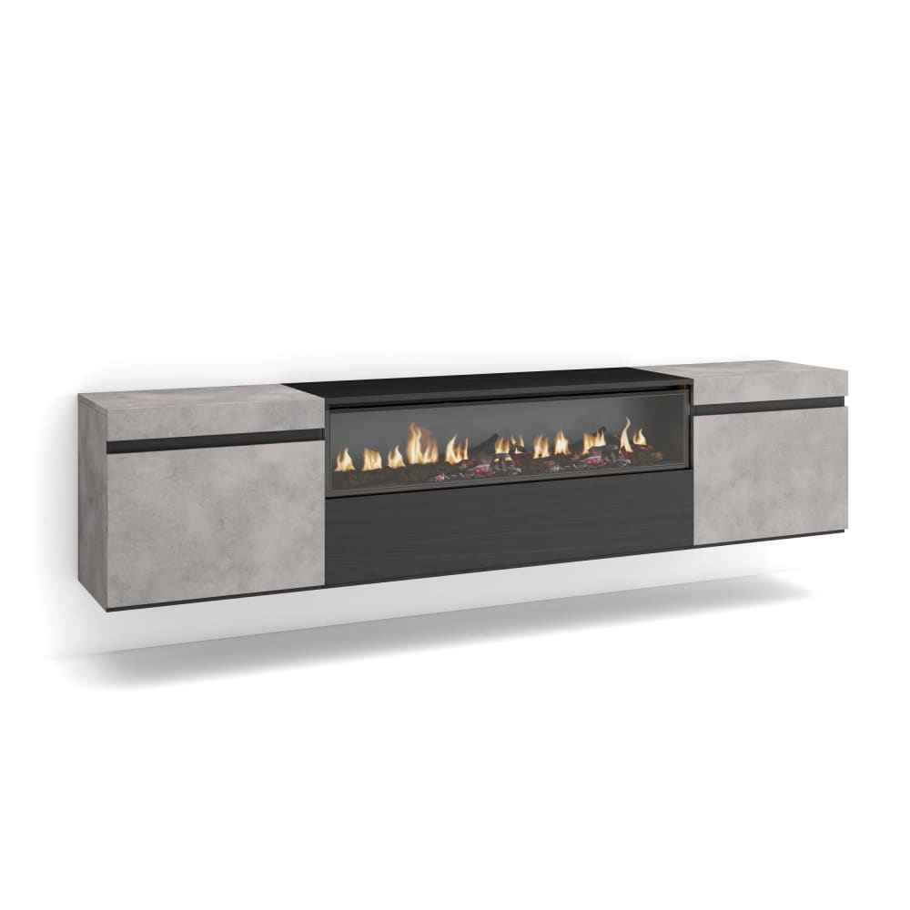 Meuble tv effet bois ciment 200x35x45cm cheminée effet feu