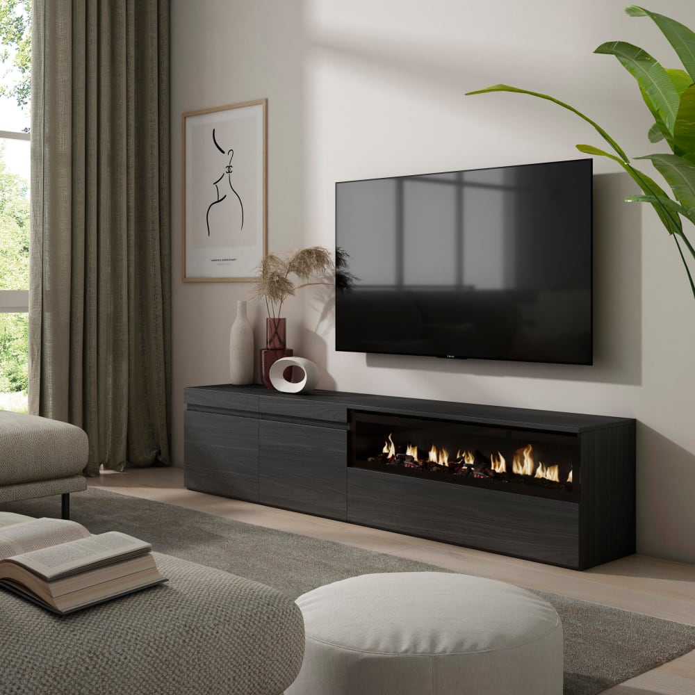 Skraut home TV-Möbel Holzeffekt Kamin mit Feuereffekt 200x35x45cm Schwarz style modern Schwarz Spanplatte