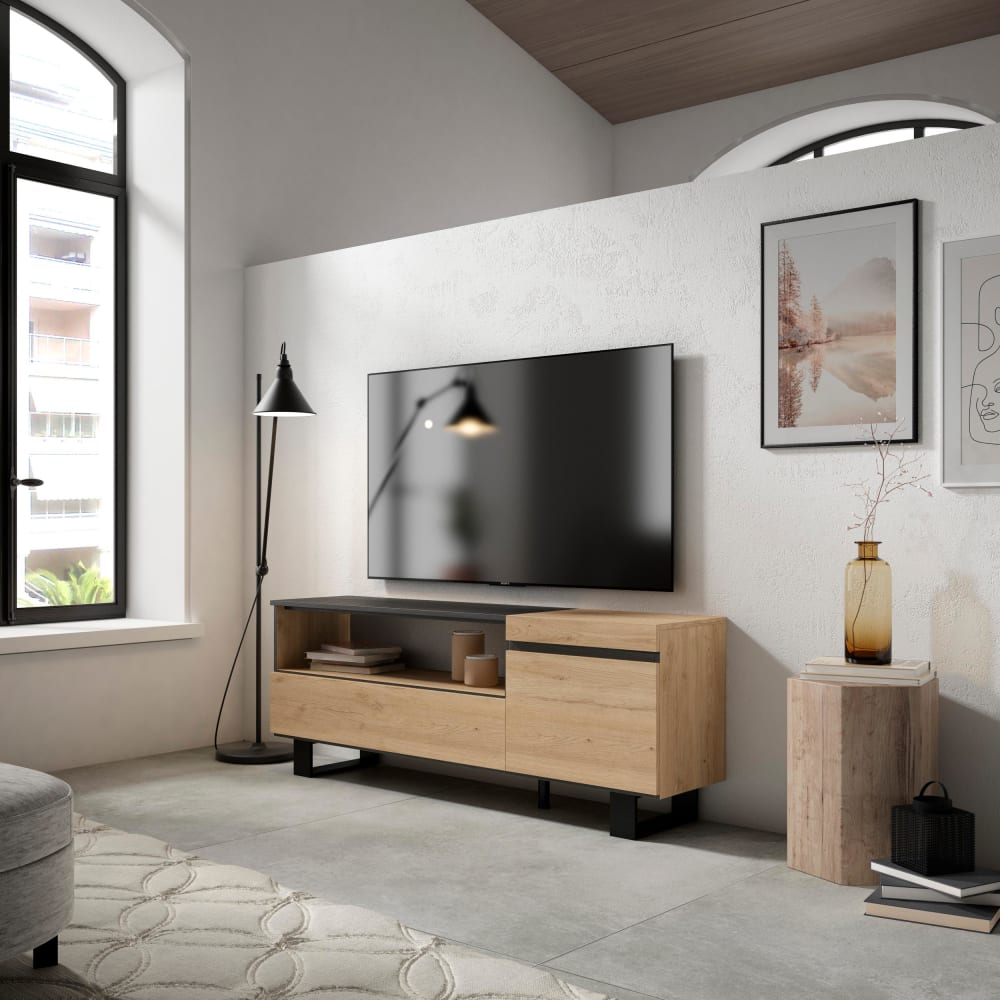 Skraut home TV-Möbel Holzeffekt mit Beinen 150x35x57cm Eiche und Schwarz style modern Beige Spanplatte