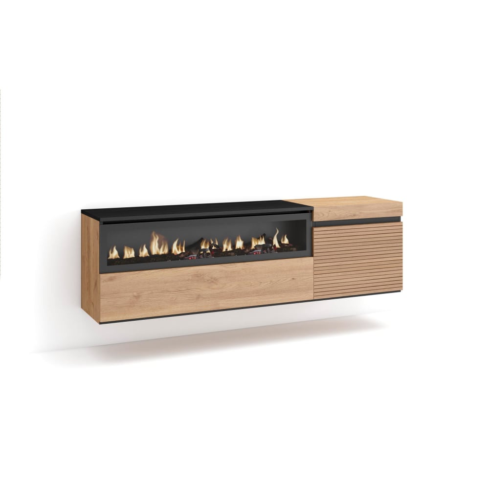 Skraut home TV-Möbel Holzeffekt Kamin mit Feuereffekt 150x35x45cm Eiche style modern Beige Spanplatte