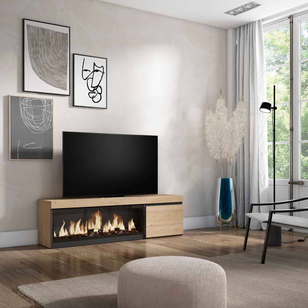 mueble tv efecto madera roble 158x35x45cm chimenea efecto fuego