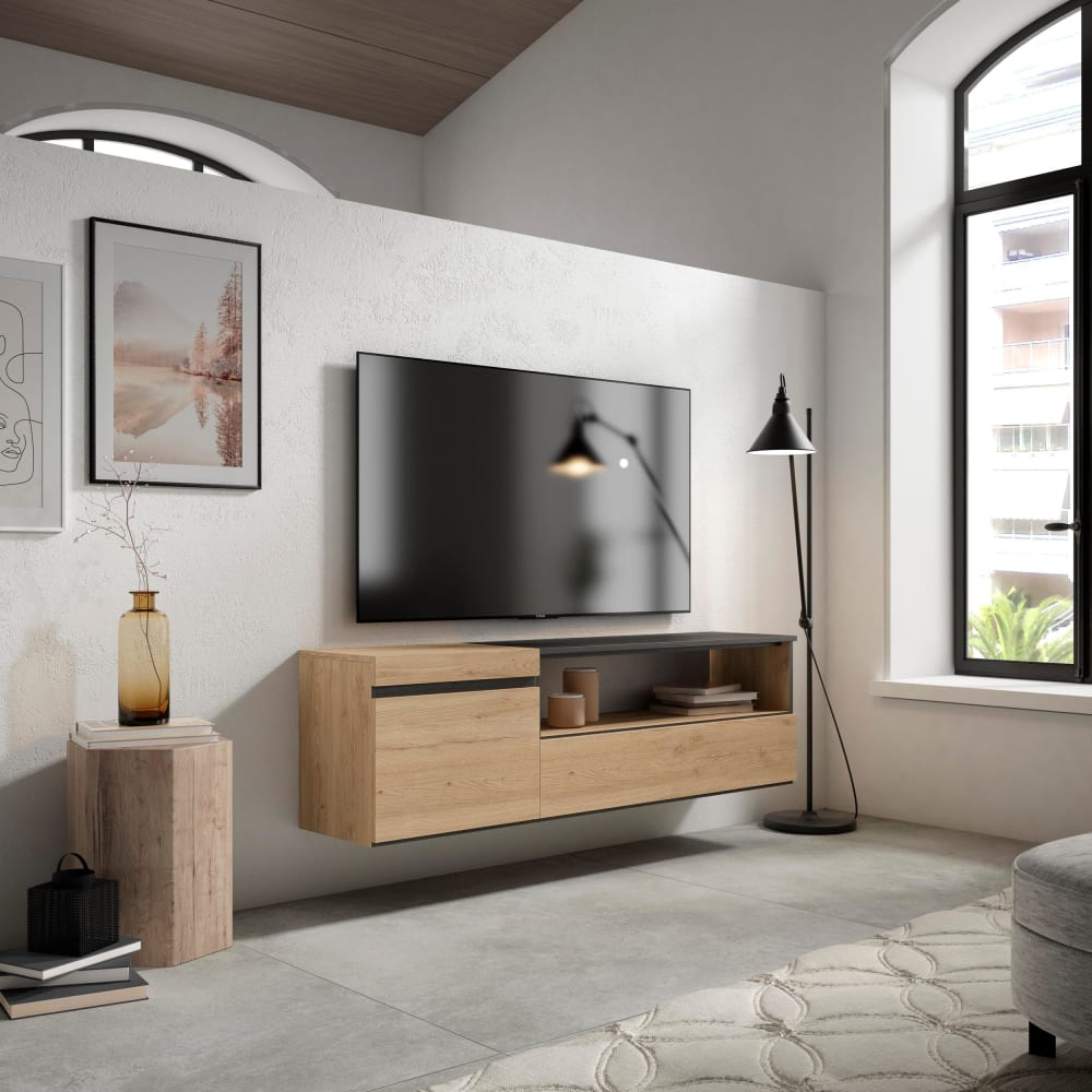mueble tv efecto madera roble y negro 150x35x45cm colgado