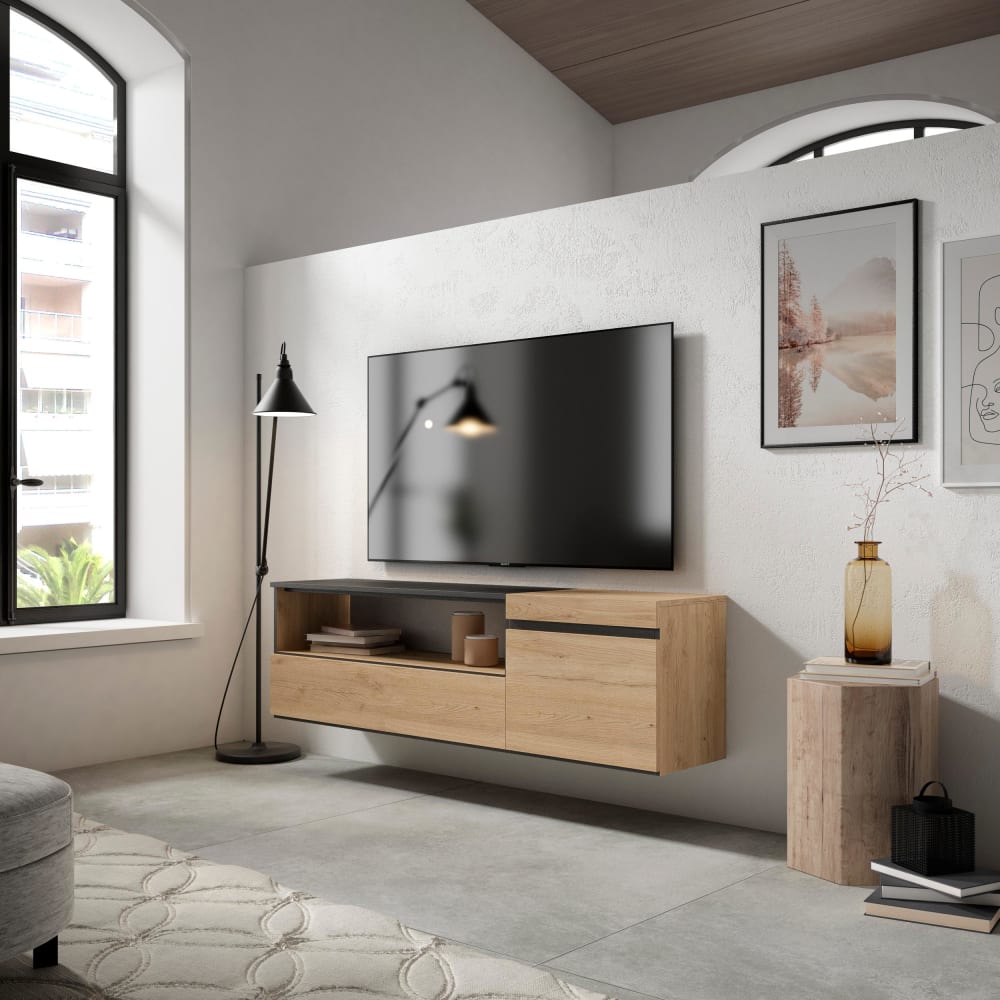 mueble tv efecto madera roble y negro 150x35x45cm colgado