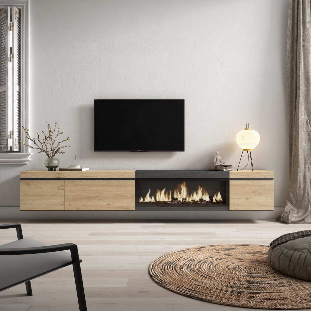 Meuble tv effet bois de chêne et noir 288x35x45 cheminée effet feu XXL