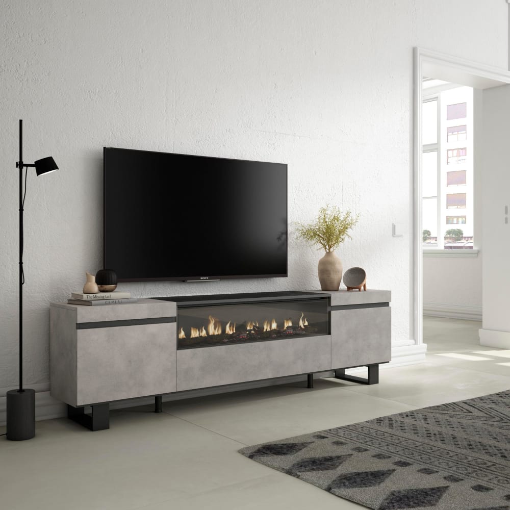 mueble tv efecto madera cemento 200x35x57cm chimenea efecto fuego