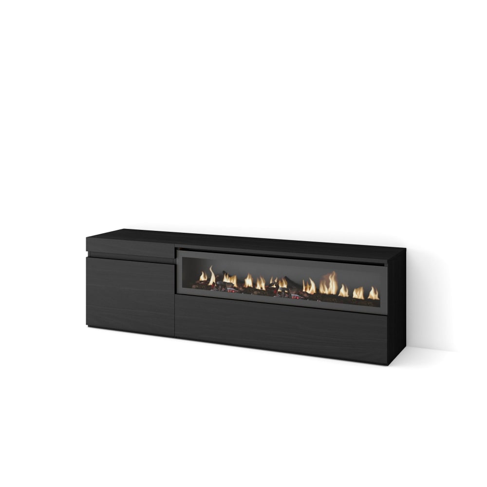 Meuble tv effet bois noir 150x35x45cm cheminée effet feu