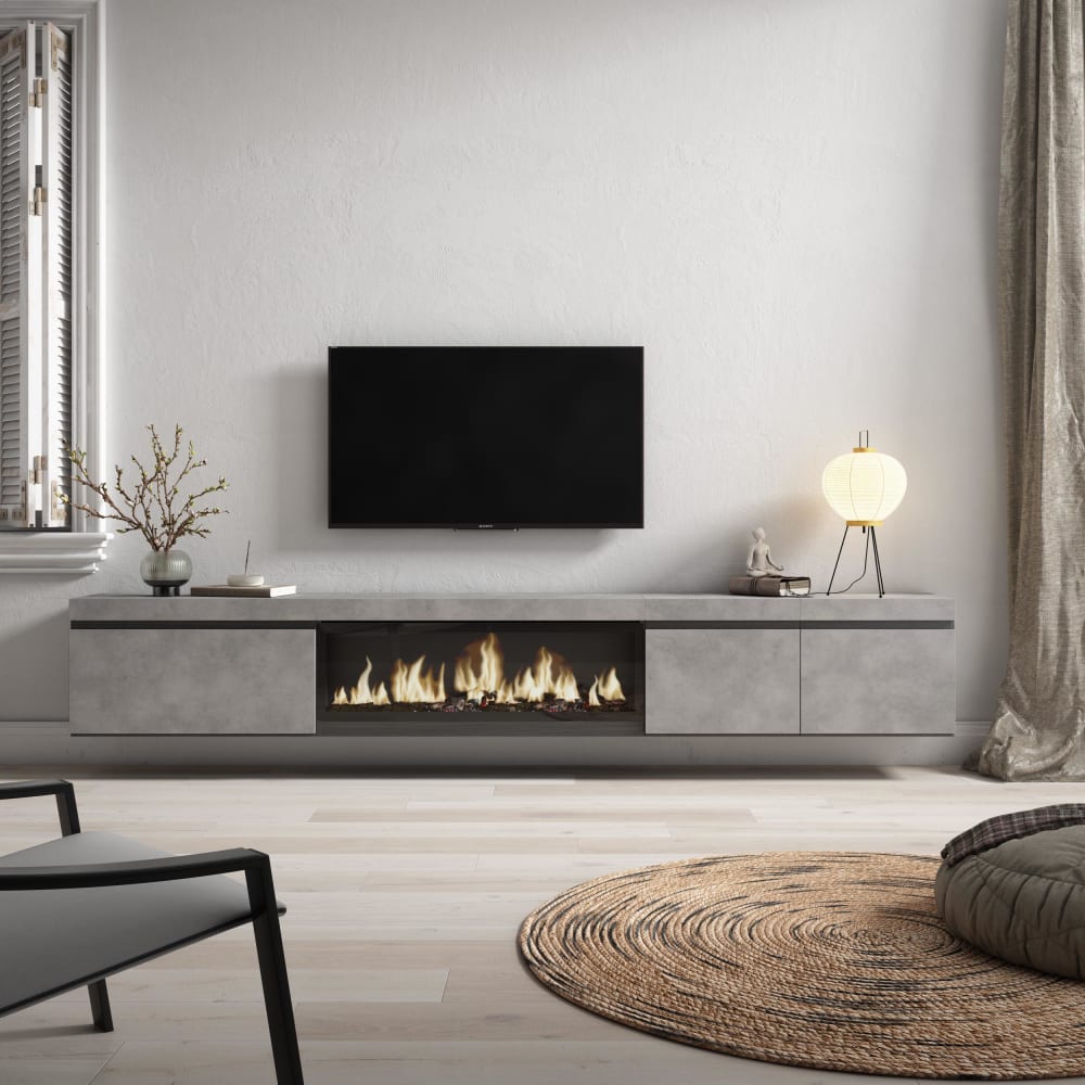 Meuble tv effet bois ciment 288x35x45cm cheminée effet feu XXL