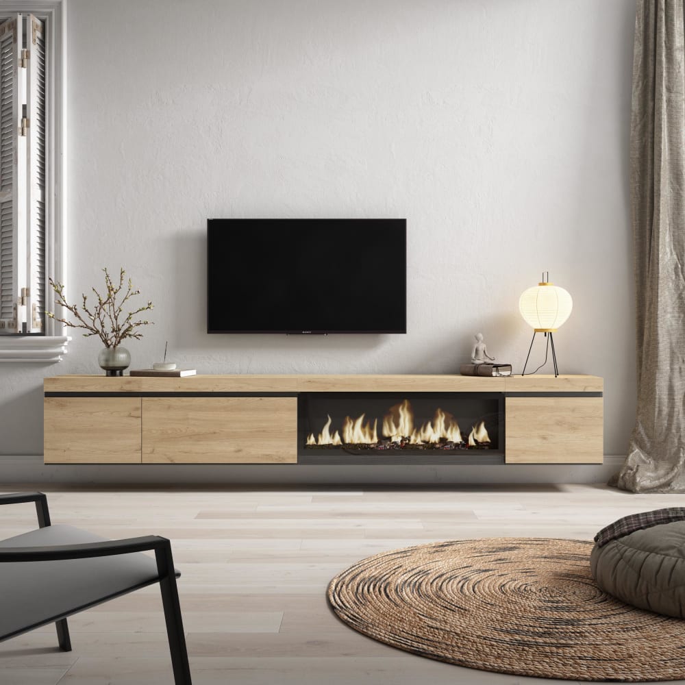 Meuble tv effet bois de chêne 288x35x45cm cheminée effet feu XXL