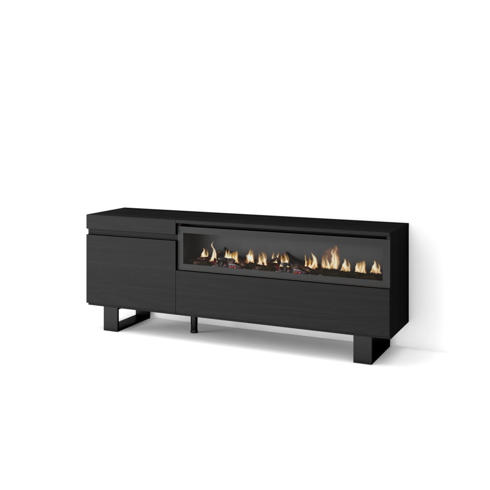 Meuble tv effet bois noir 150x35x57cm cheminée effet feu