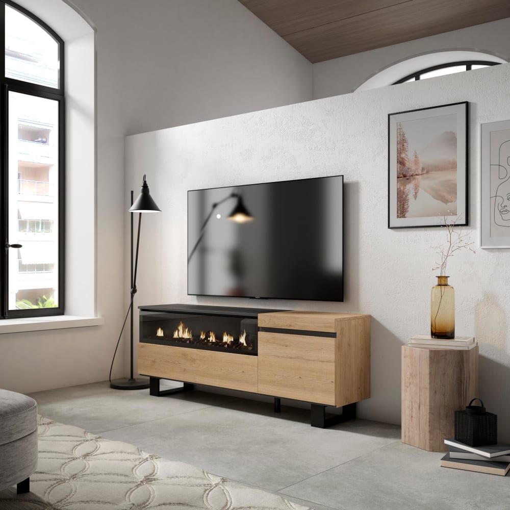 Skraut home TV-Möbel Holzeffekt Kamin mit Feuereffekt 150x35x57 Eiche und Schwarz style modern Beige Spanplatte