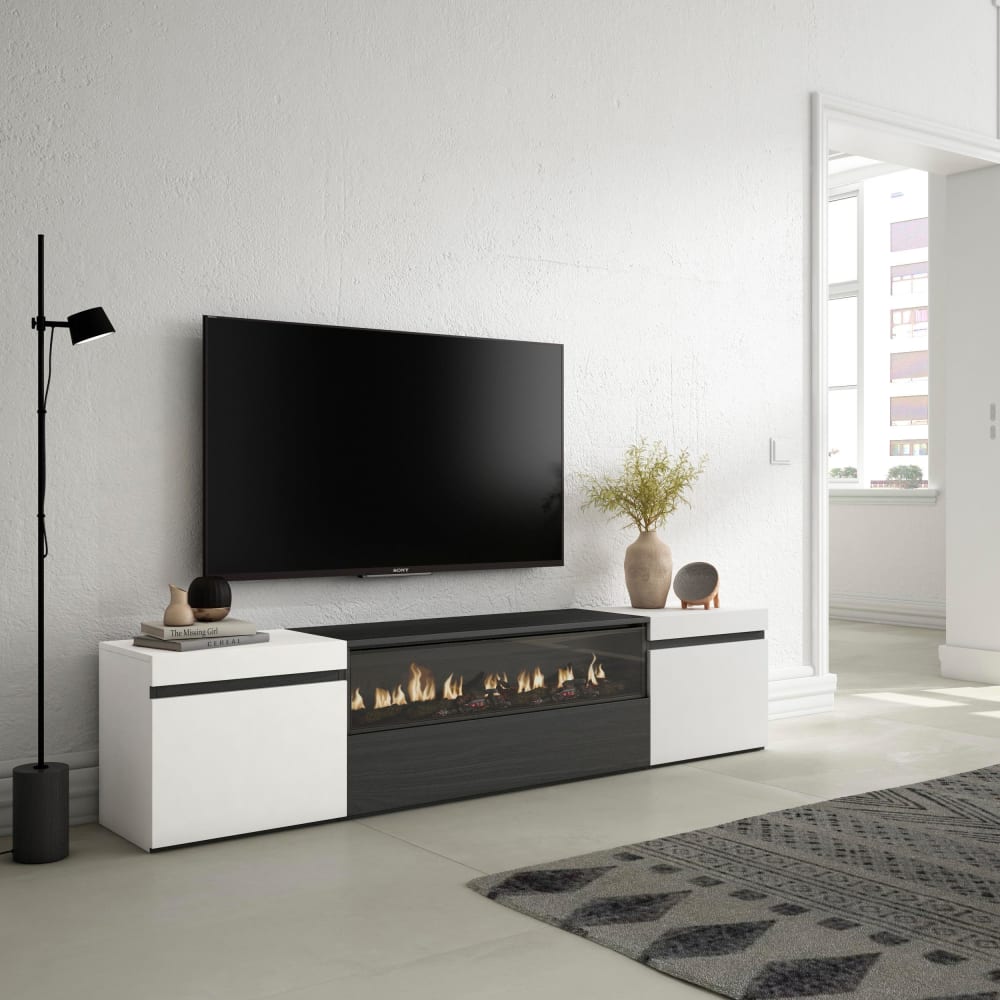 mueble tv efecto madera blanco y negro 200x35x45 chimenea efecto fuego