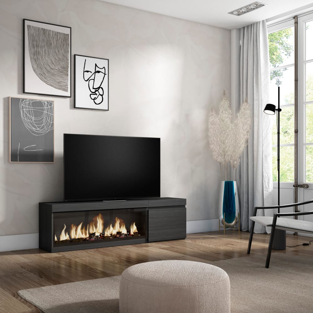 Meuble tv effet bois noir 158x35x45cm cheminée effet feu XXL