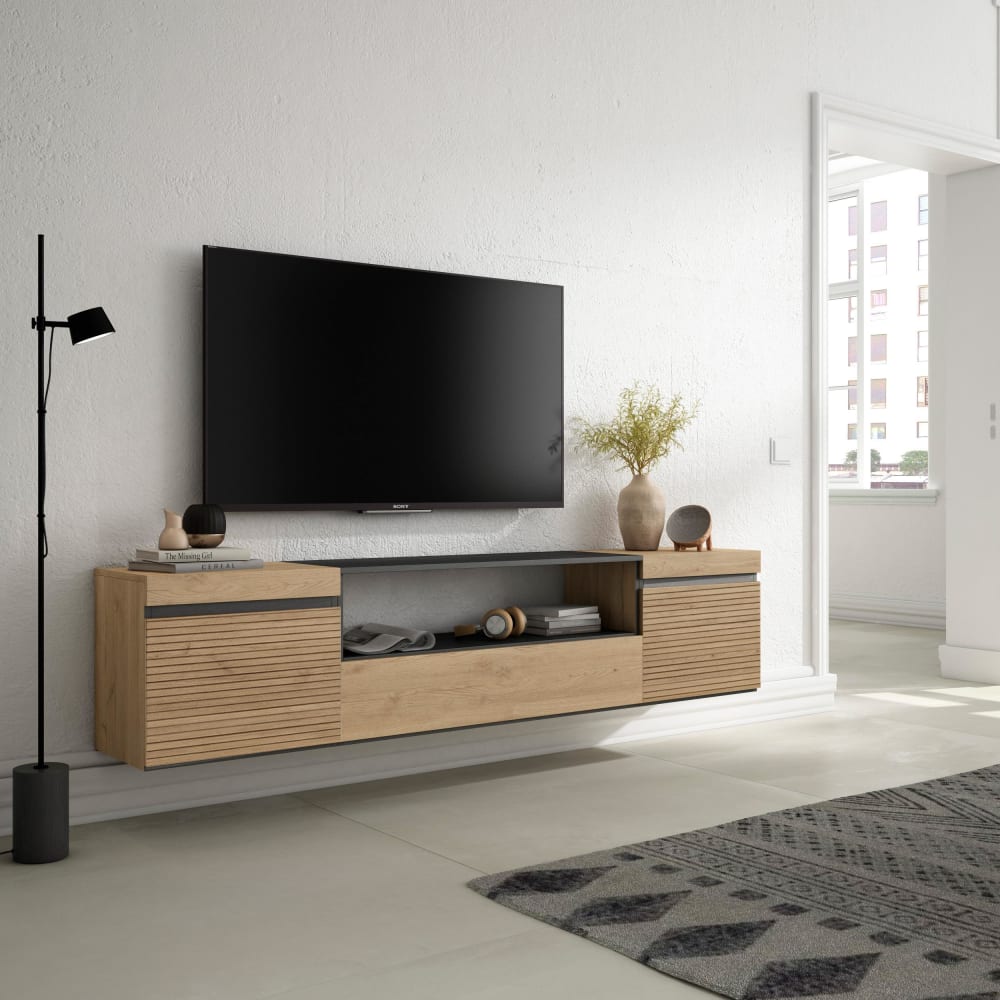 Meuble tv effet bois de chêne 200x35x45cm suspendu