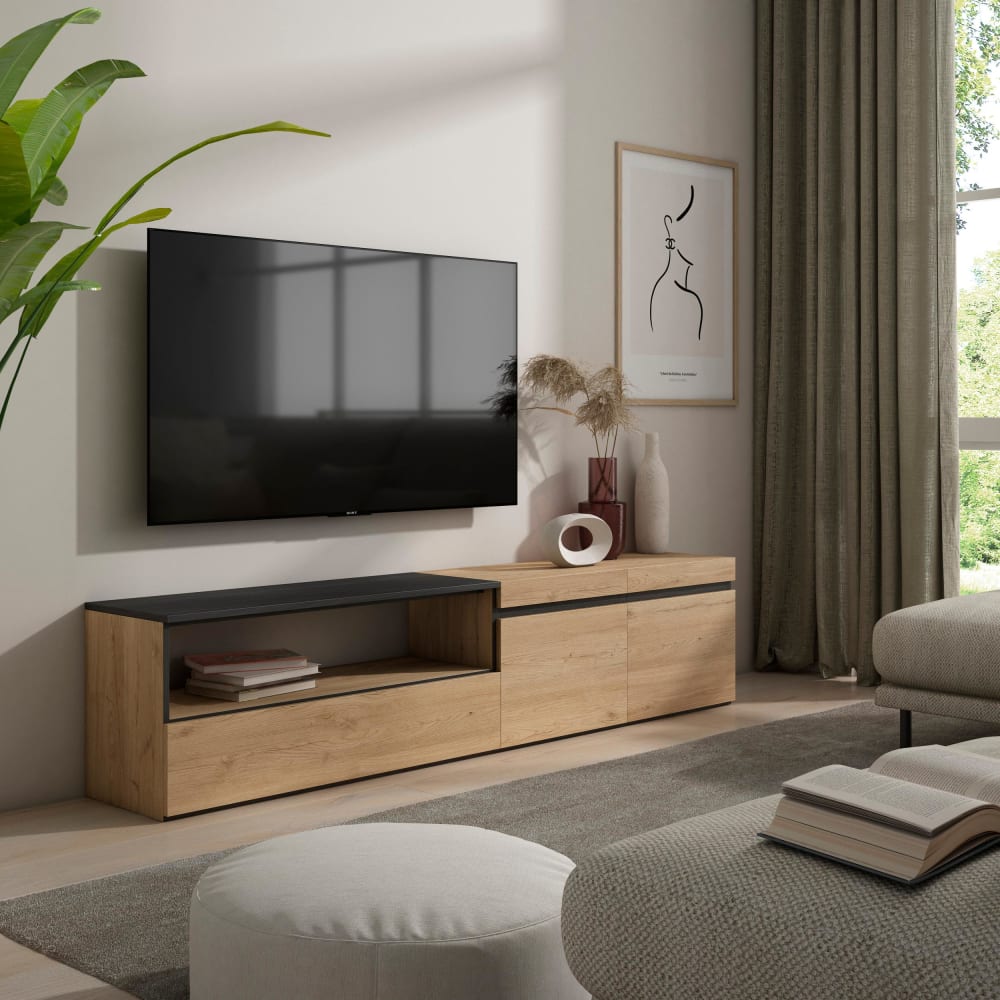 Meuble tv effet bois de chêne et noir 200x35x45cm - Maisons du Monde