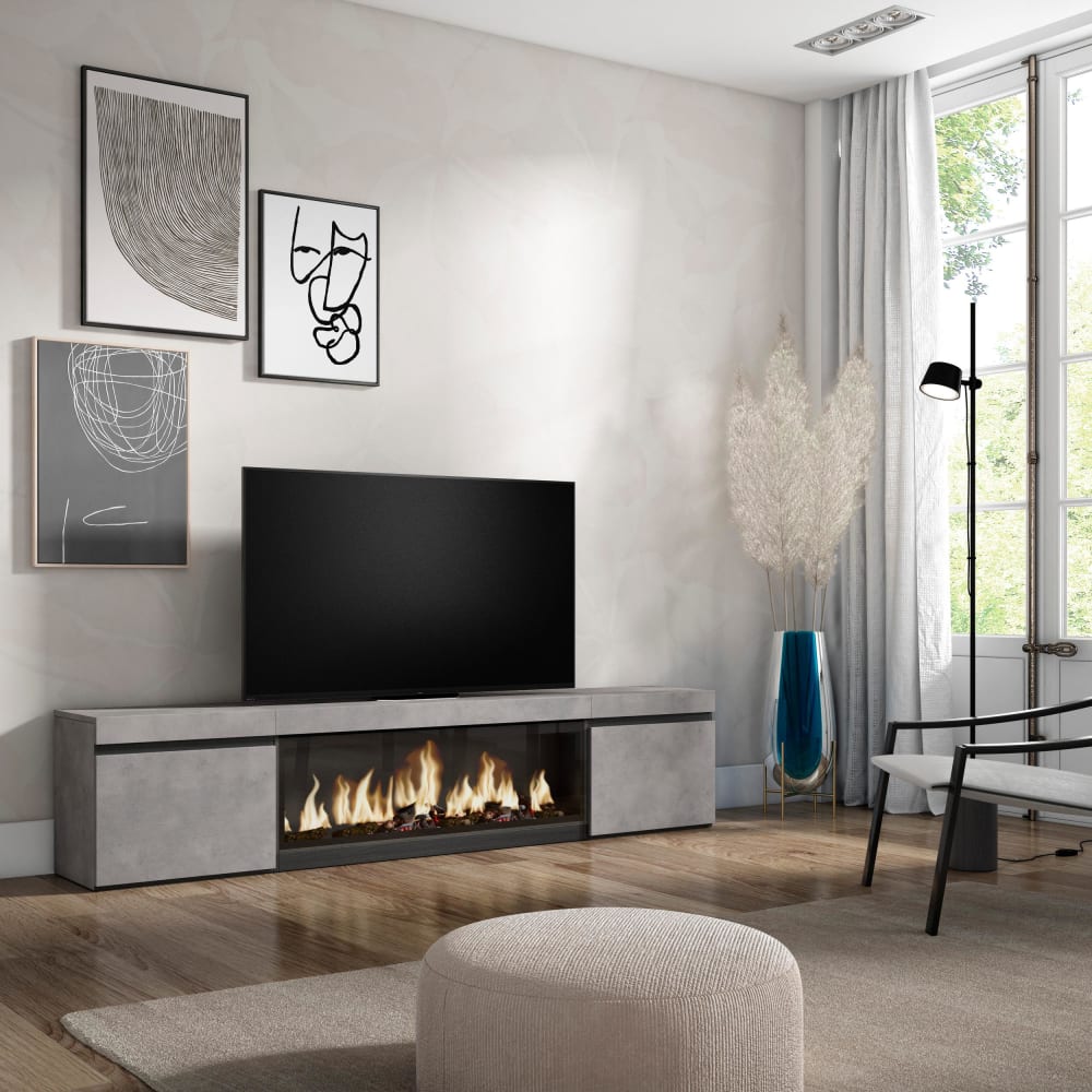 mueble tv efecto madera cemento 208x35x45cm chimenea efecto fuego