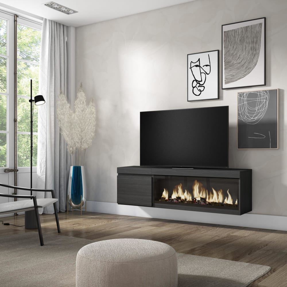 Meuble tv effet bois noir 158x35x45cm cheminée effet feu XXL