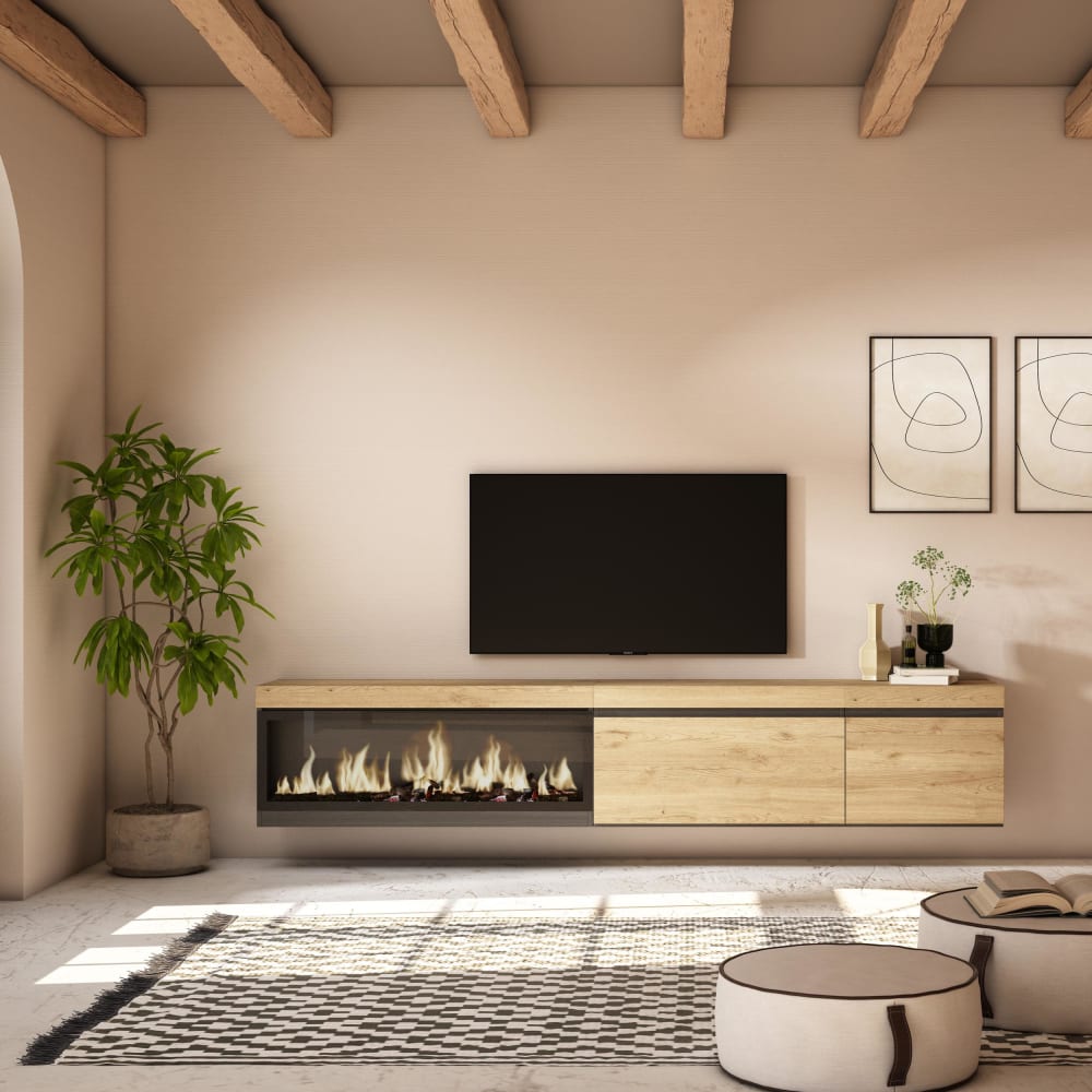 Meuble tv effet bois de chêne 237x35x45cm cheminée effet feu XXL