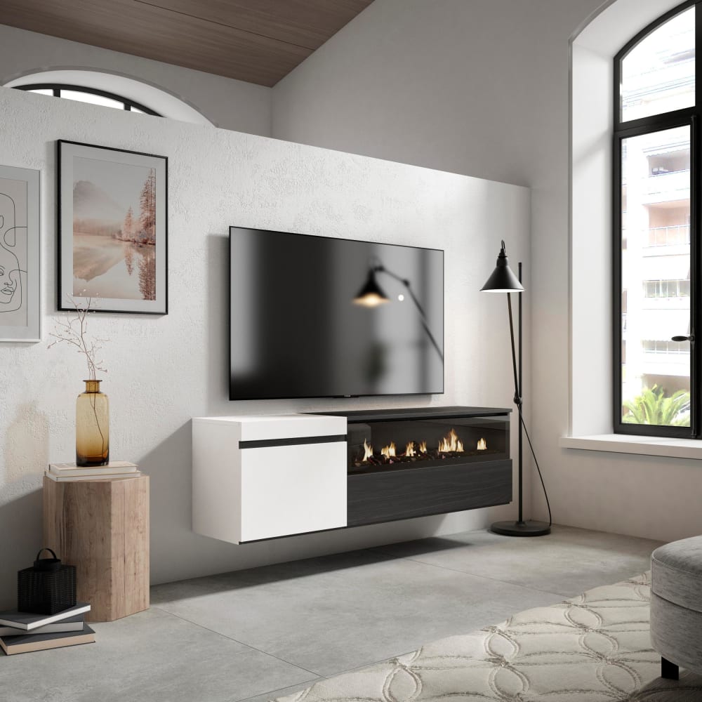 Skraut home TV-Möbel Holzeffekt Kamin mit Feuereffekt 150x35x45cm Weiß und Schwarz style modern Weiß Spanplatte