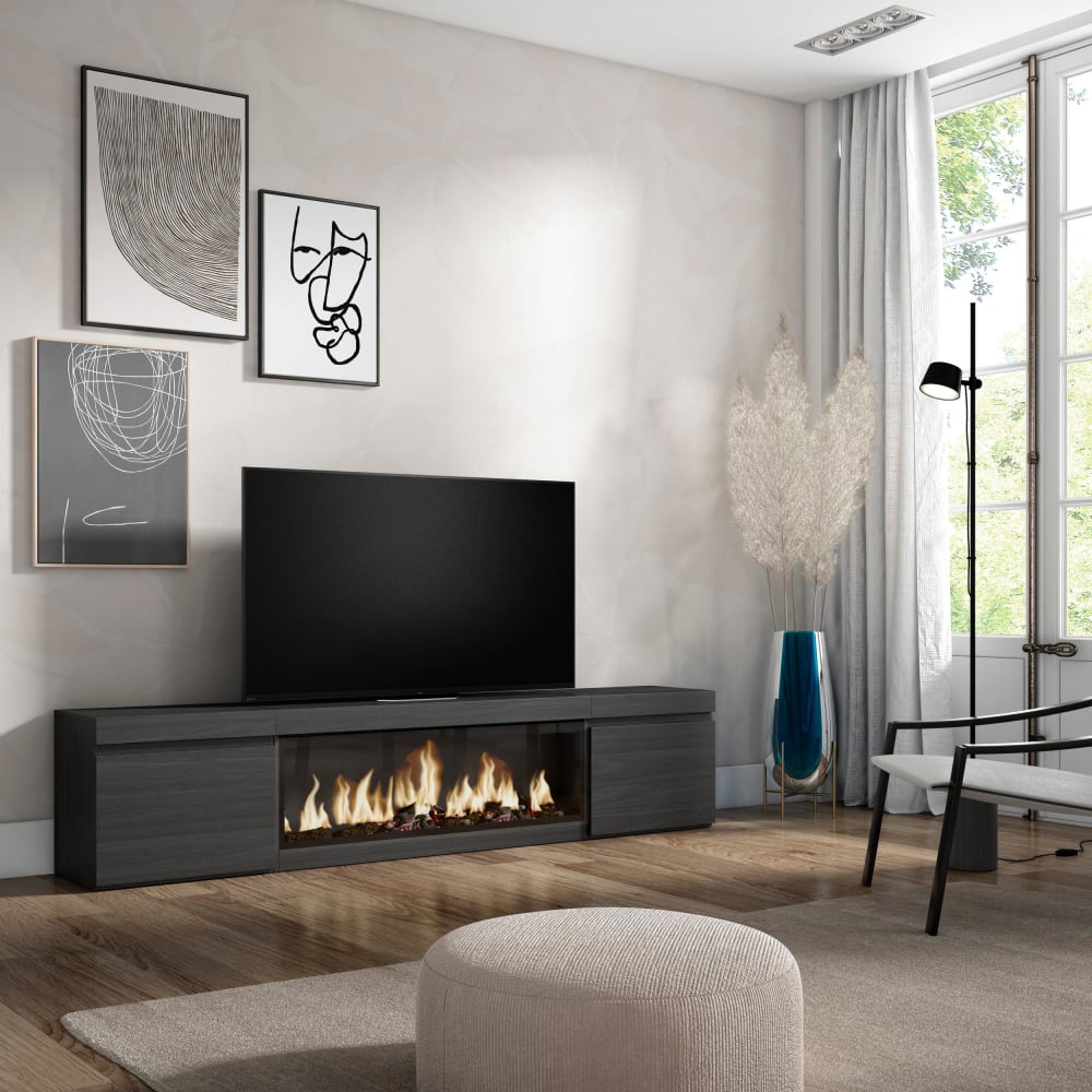 mueble tv efecto madera negro 208x35x45cm chimenea efecto fuego