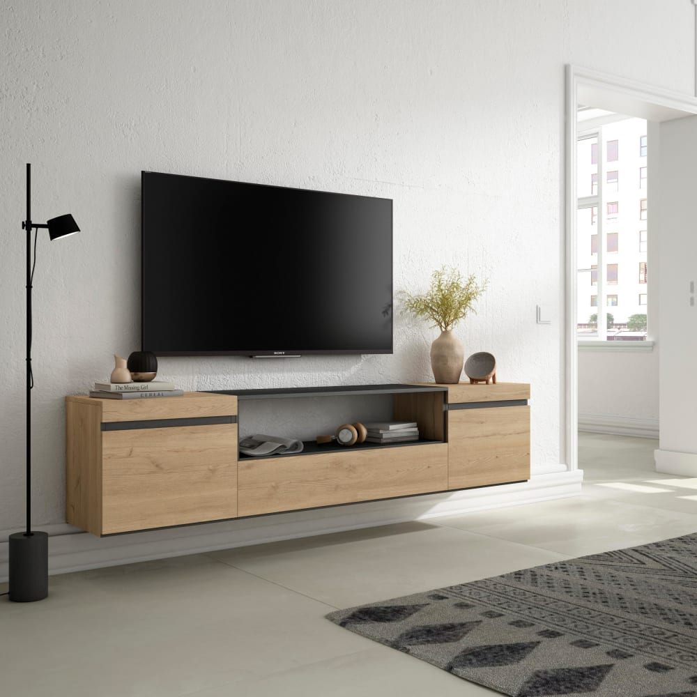 Meuble tv effet bois de chêne et noir 200x35x45cm suspendu - Maisons du Monde