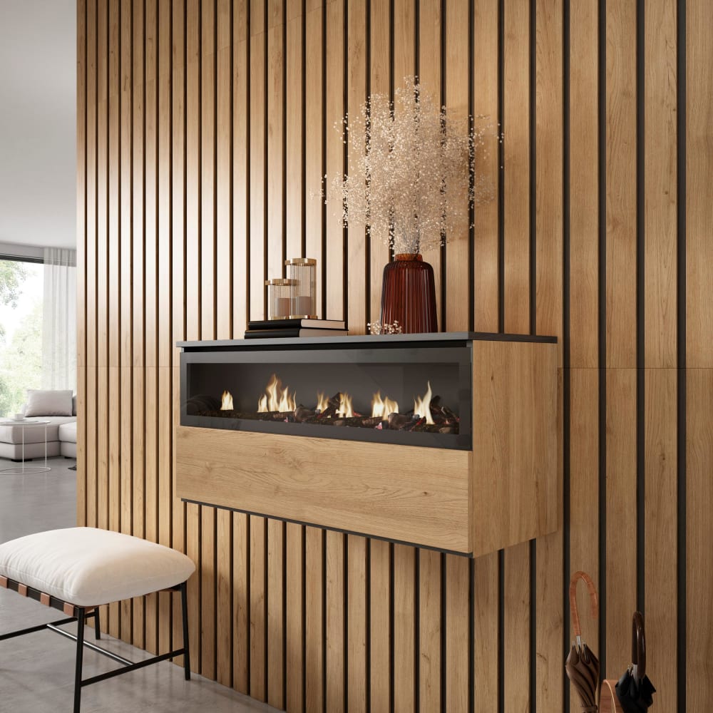 Skraut home ElektroKamin LED Holzeffekt Kamin mit Feuereffekt 102x35x45 Eiche style modern Beige Spanplatte