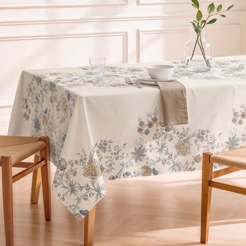 Nappe antitache en coton motif floral beige et bleu 155x300 cm