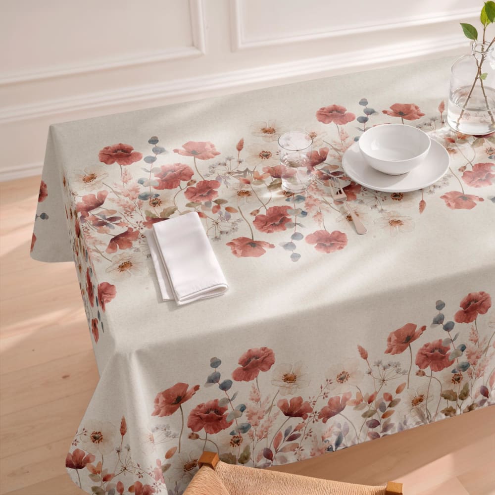 Fleckabweisende Tischdecke aus Baumwolle Mohnblumenmuster rot