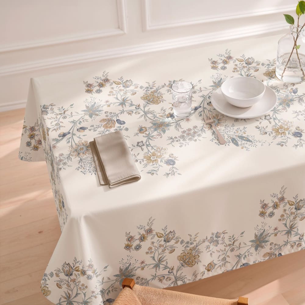 Fleckabweisende Baumwoll-Tischdecke floral beige blau 155x155cm -