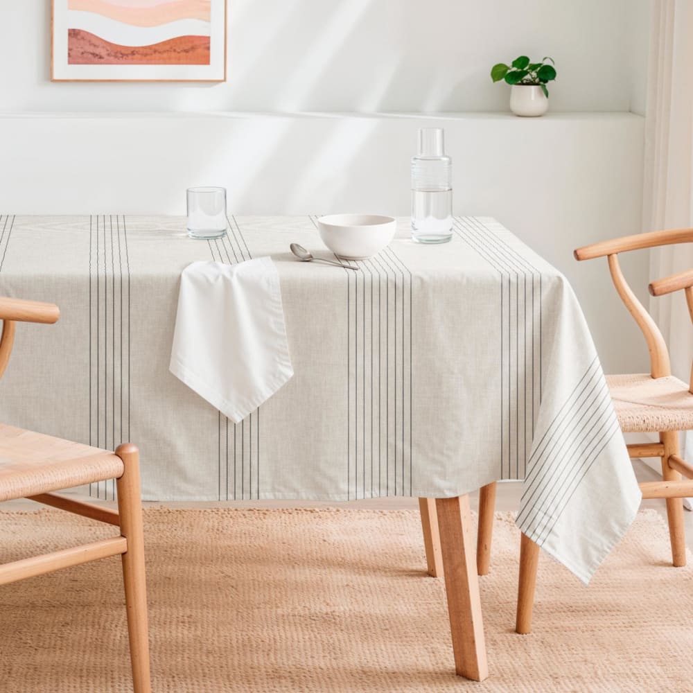 Nappe antitache en coton motif rayures beige 155x300 cm
