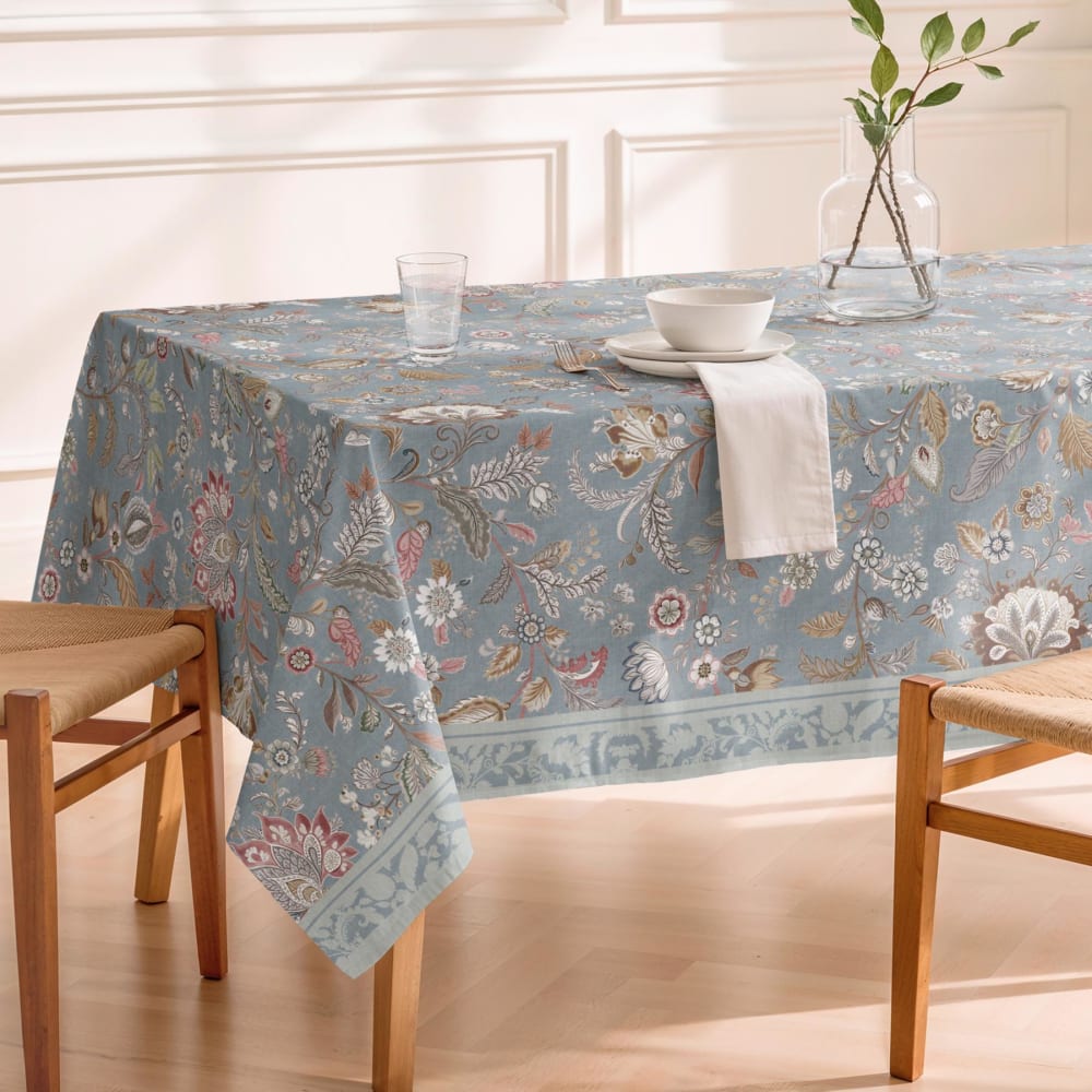 Nappe antitache en coton motif floral bleu vintage 155x100 cm