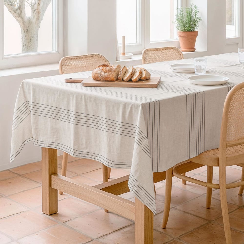 Fleckabweisende Baumwoll-Tischdecke Streifen beige 155 x 250 -