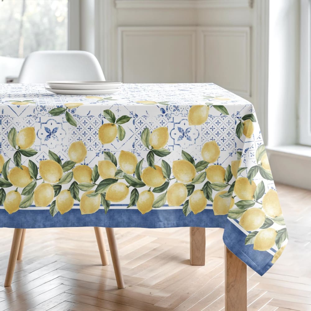 Nappe imprimée 100% coton résistant aux taches bleu 155x155 cm