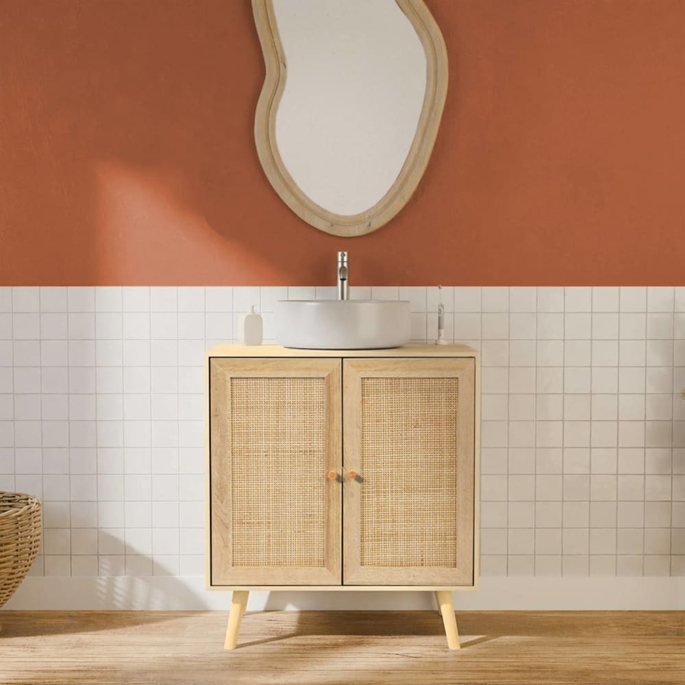 Meuble sous lavabo décor bois et cannage naturel