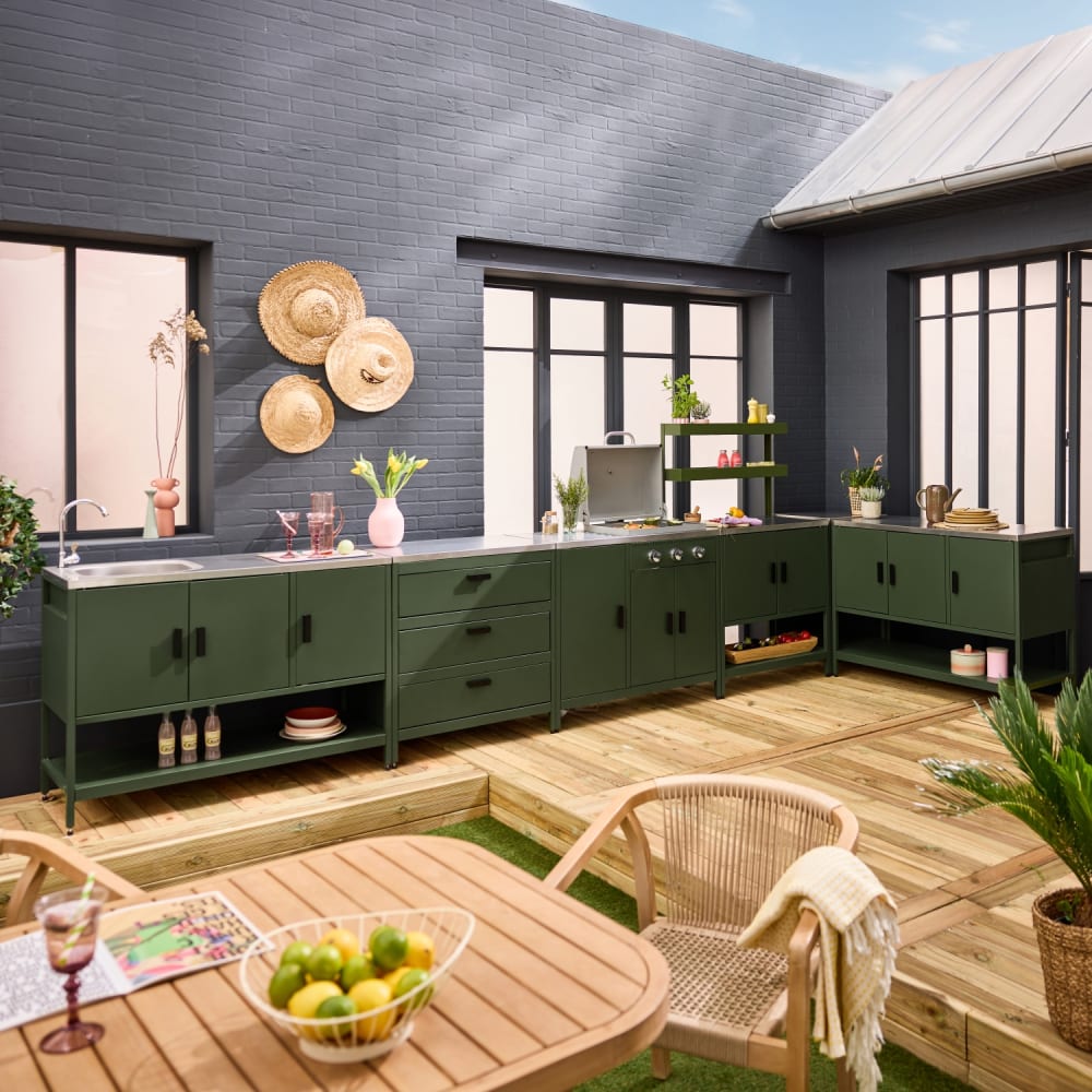 Cuisine d'extérieure 5 modules avec barbecue gaz 3 brûleurs inox vert