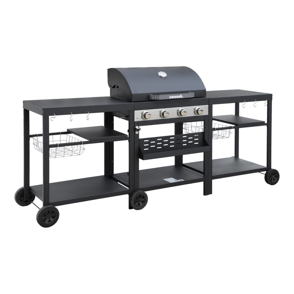 Barbecue gaz, cuisine d'extérieure 4 brûleurs acier noir