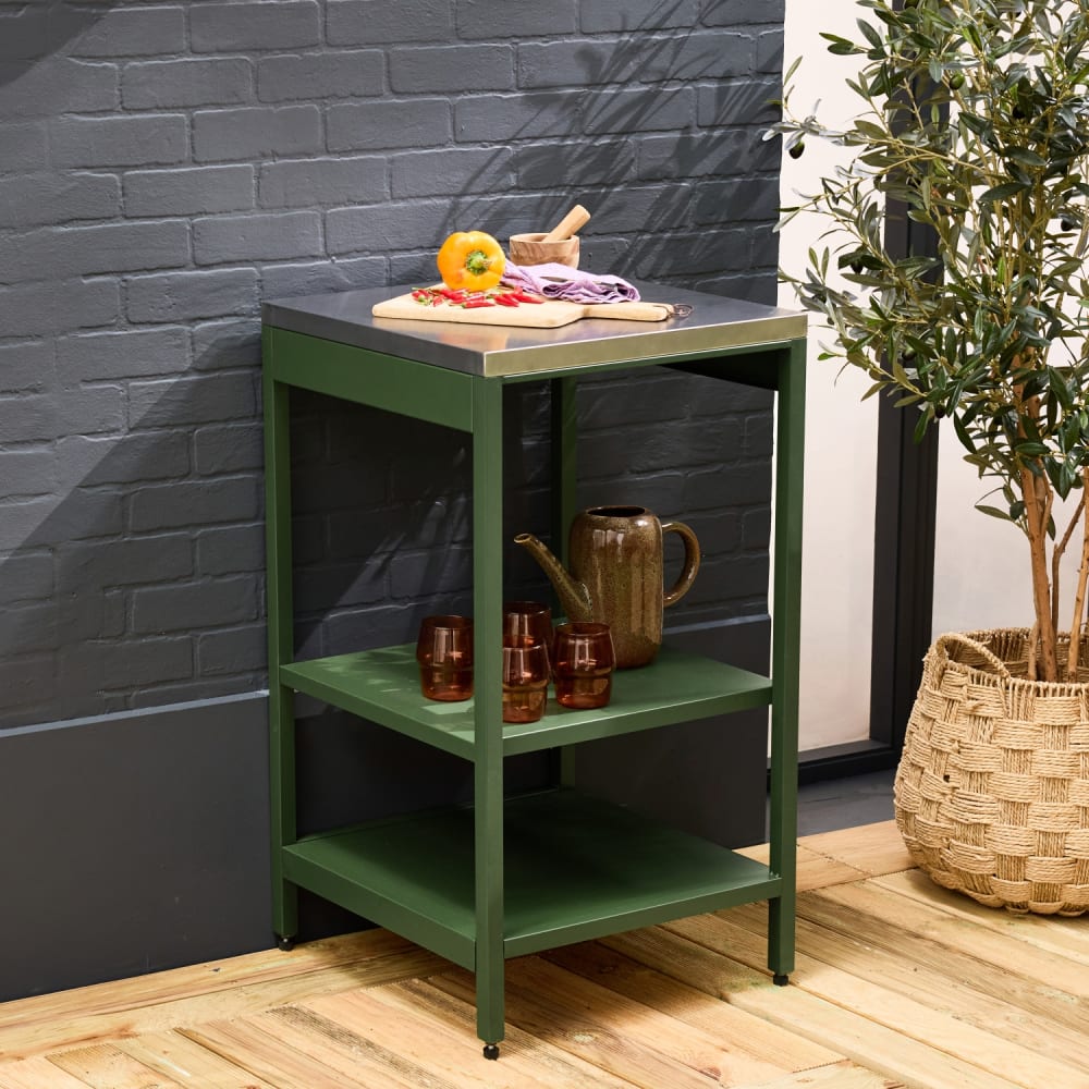 Cuisine d'extérieure acier vert avec 2 étagères l49cm