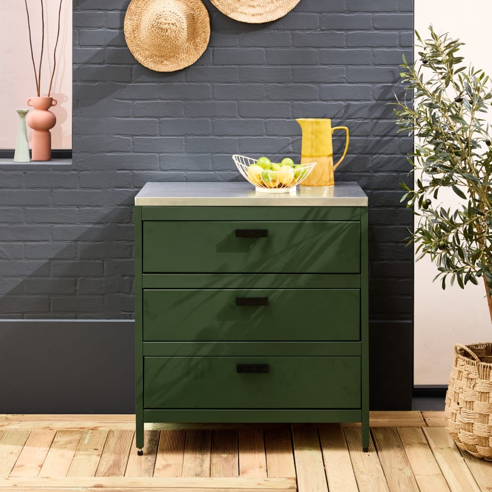 Cuisine d'extérieure en acier vert 3 tiroirs l80cm
