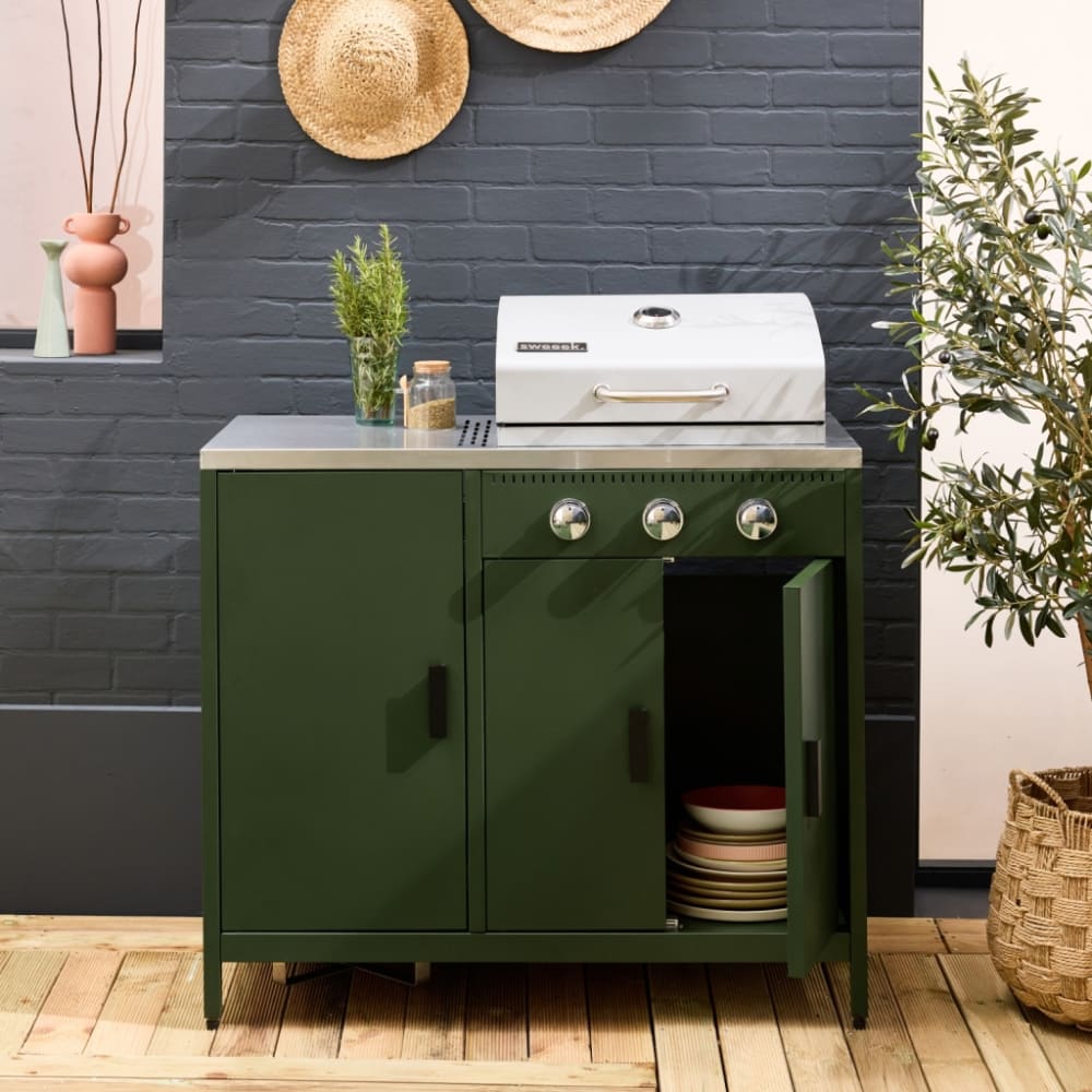 Barbecue gaz 3 brûleurs sur pieds inox vert