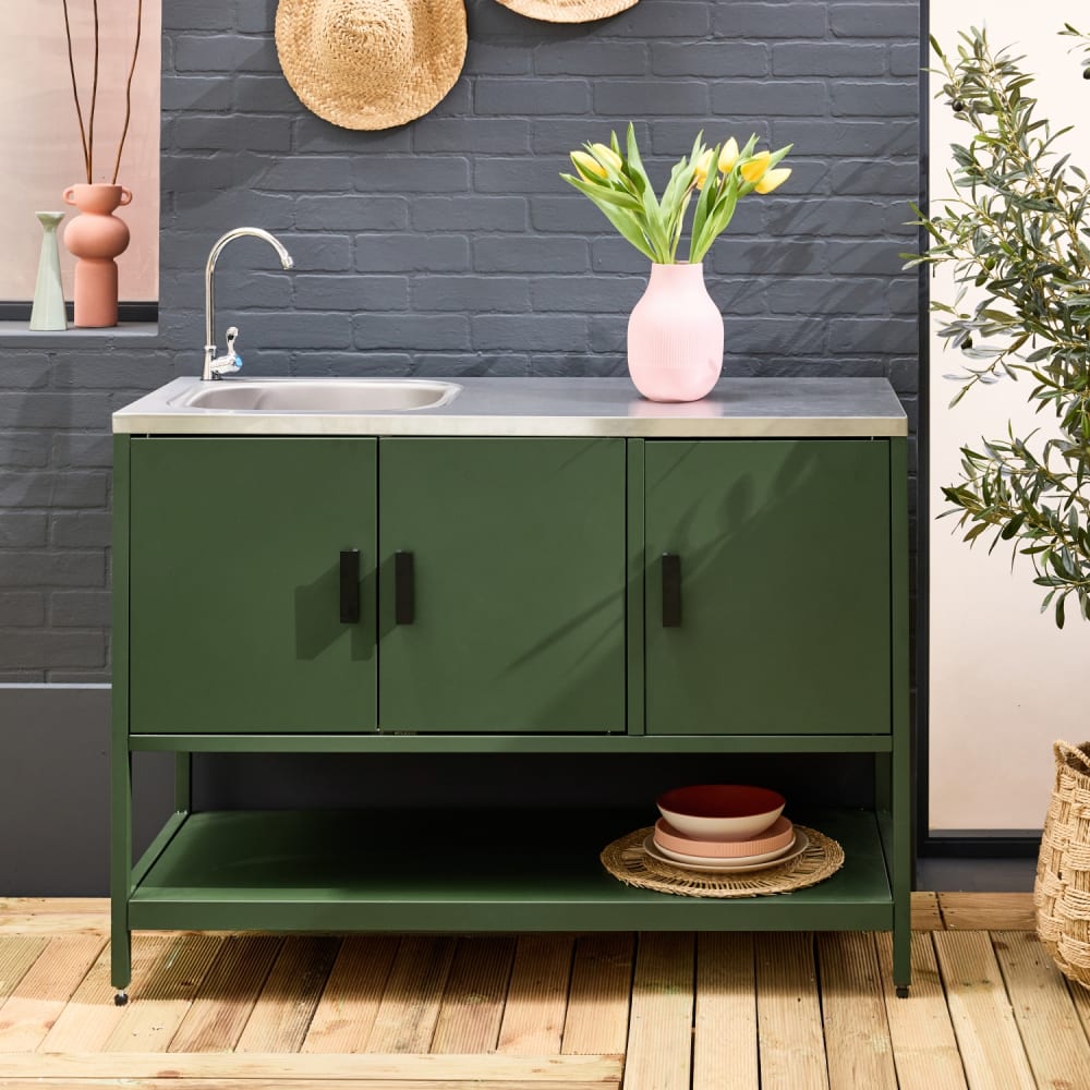 Cuisine d'extérieure en acier vert avec évier 120cm