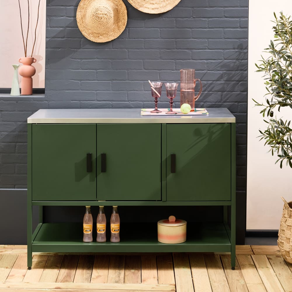 Cuisine d'extérieure acier vert 3 portes,1 étagère